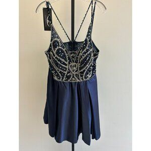 BRLMALL Women's Navy Rhinestone Beaded Satin Sleeveless Formal Dress Size 18 NWT